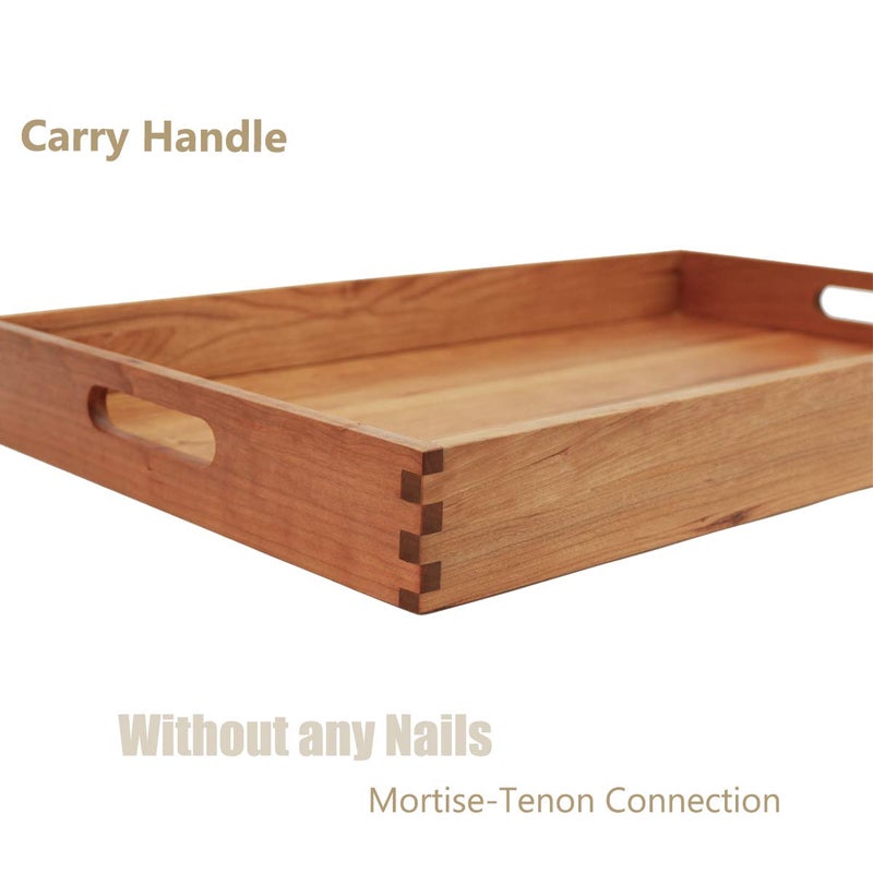 MAGIGO 22 x 14 Inches Large Rectangle Cherry Wood Ottoman Tray with Handles, Serve Tea, Coffee or Breakfast in Bed, Classic Wooden Decorative Serving Tray - Image 3